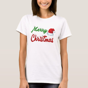 Camiseta Feliz Navidad Santa Hat rojo green script