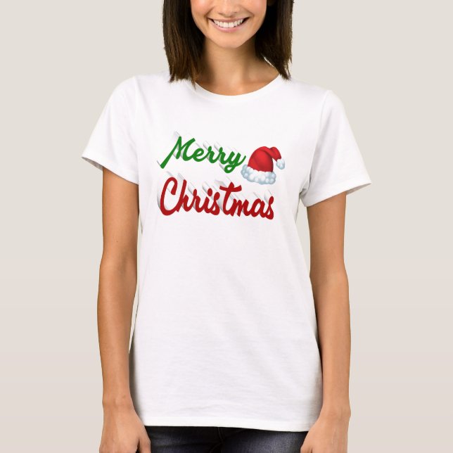 Camiseta Feliz Navidad Santa Hat rojo green script (Anverso)