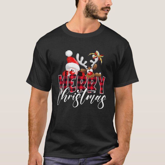 Camiseta Feliz Navidad Santa Reindeer Buffalo Plaid Familia (Anverso)