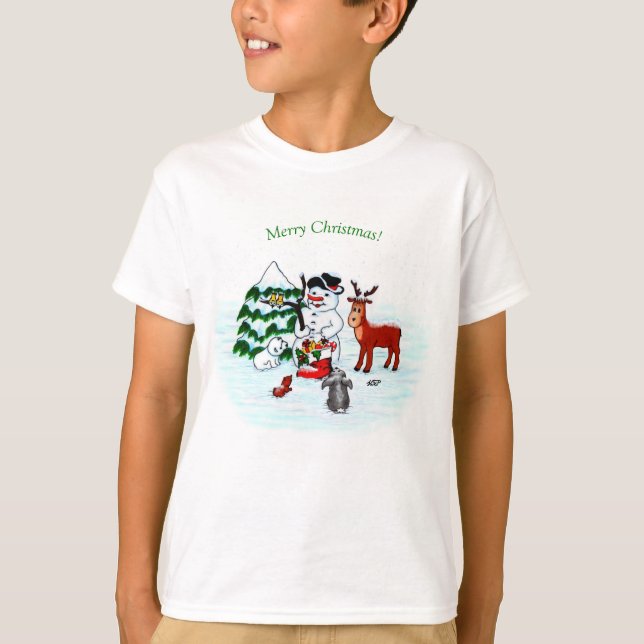 Camiseta ¡Feliz Navidad! Snowman con sus amigos (Anverso)