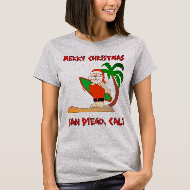 Camiseta Feliz Navidad Surfing Santa San Diego Cali (Anverso)