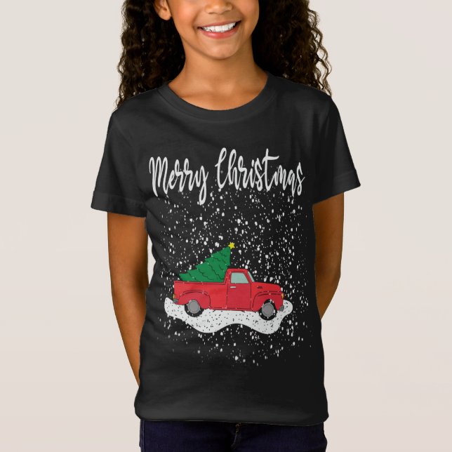Camiseta Feliz Navidad Tee Red Truck Árbol de Navidad Nieve (Anverso)
