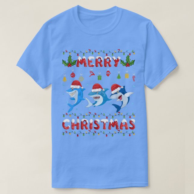 Camiseta Feliz Navidad Tiburón Santa Hat ilumina Navidad Gr (Diseño del anverso)