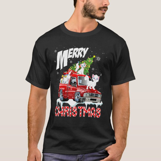 Camiseta Feliz Navidad Tres Cats Árbol De Navidad En Pickup (Anverso)