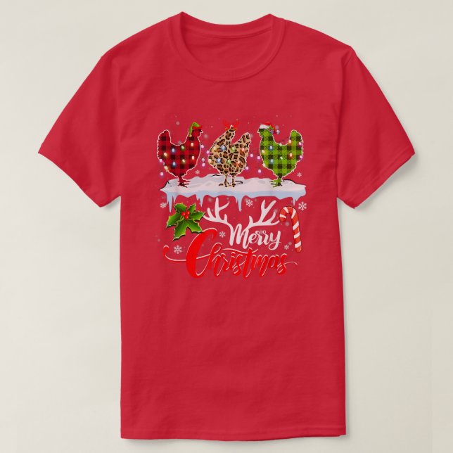Camiseta Feliz Navidad Tres Chicken Buffalo Leopardo Rojo (Diseño del anverso)