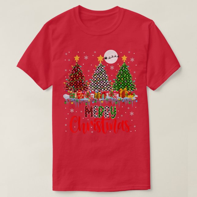 Camiseta Feliz Navidad Tres Placas de Árboles de Navidad Lu (Diseño del anverso)