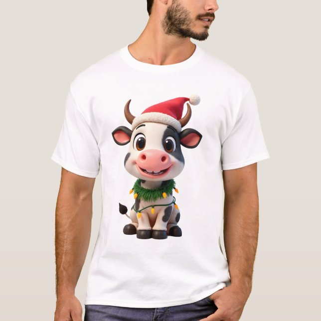 Camiseta Feliz Navidad Vaca Santa Luces de Navidad Vaca Xma (Anverso)