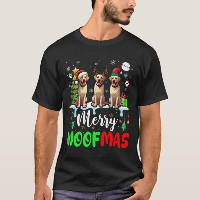 Camiseta Feliz Navidad Woof Three Santa Elf Labrador Retr (Anverso)
