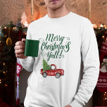 Camiseta Feliz Navidad y todos camionetas de época verde bl<br><div class="desc">Feliz Navidad Y'all - Watercolor Vintage Camión Rojo con camiseta de manga larga para hombres de árbol de Navidad - Texto verde</div>