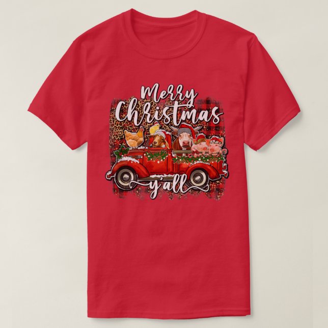 Camiseta Feliz Navidad Yall Santa Animals Granja Camión Roj (Diseño del anverso)