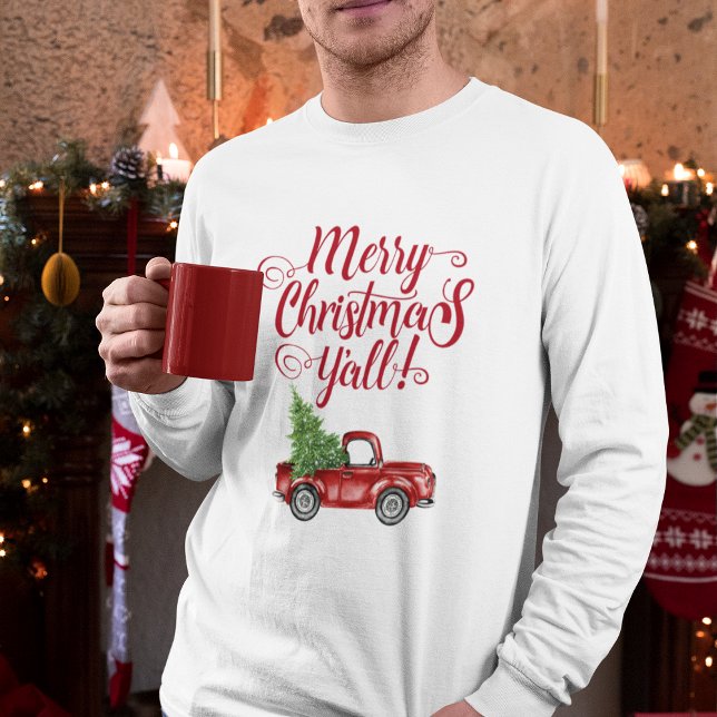 Camiseta Feliz Navidad Y'all Vintage Camión Blanco Rojo (Choose from a variety of shirt sizes and colors.)