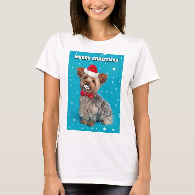 Camiseta Feliz Navidad Yorkie Dog en Santa Hat Sonriendo (Anverso)