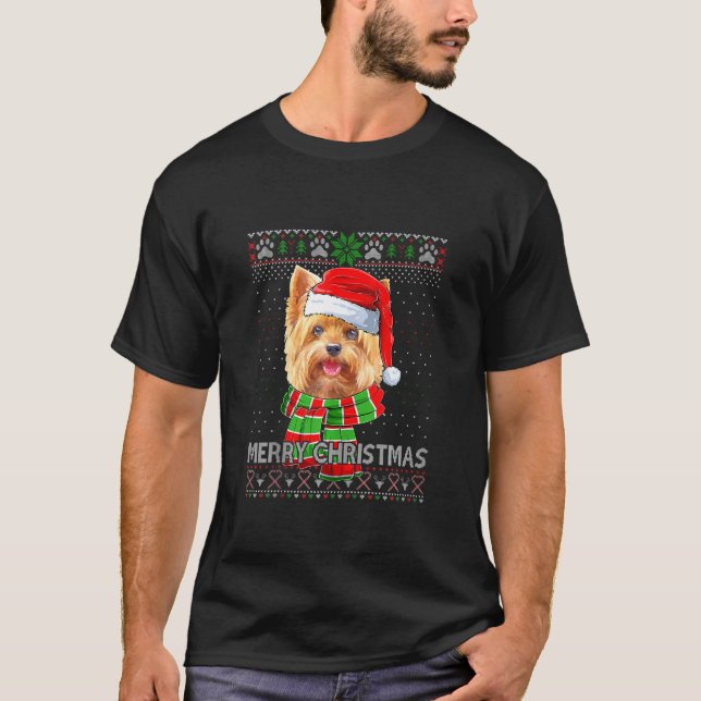 Camiseta Feliz Navidad Yorkie Gorra Santa Scarf Ugly Xmas S (Anverso)