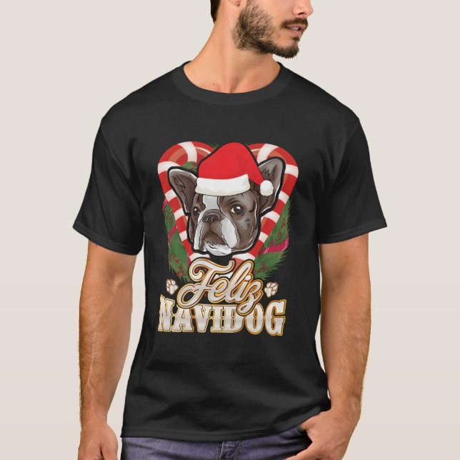 Camiseta Feliz Navidog Bulldog francés con Gorra de Santa C (Anverso)