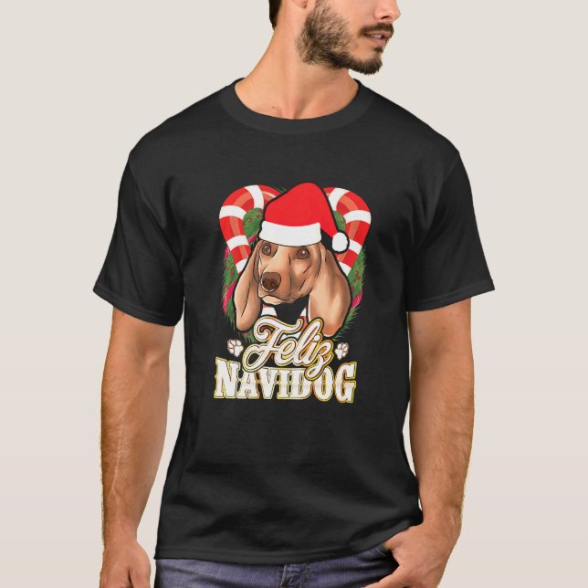 Camiseta Feliz Navidog Dachshund Con Papá Noel Gorra Perro  (Anverso)