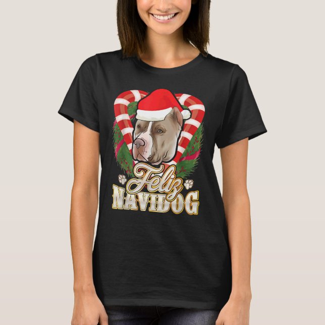 Camiseta Feliz Navidog Pitbull Con El Gorra De Santa Claus  (Anverso)