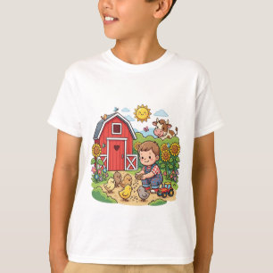 Camiseta Feliz niño pequeño alimentando pollitos en una gra