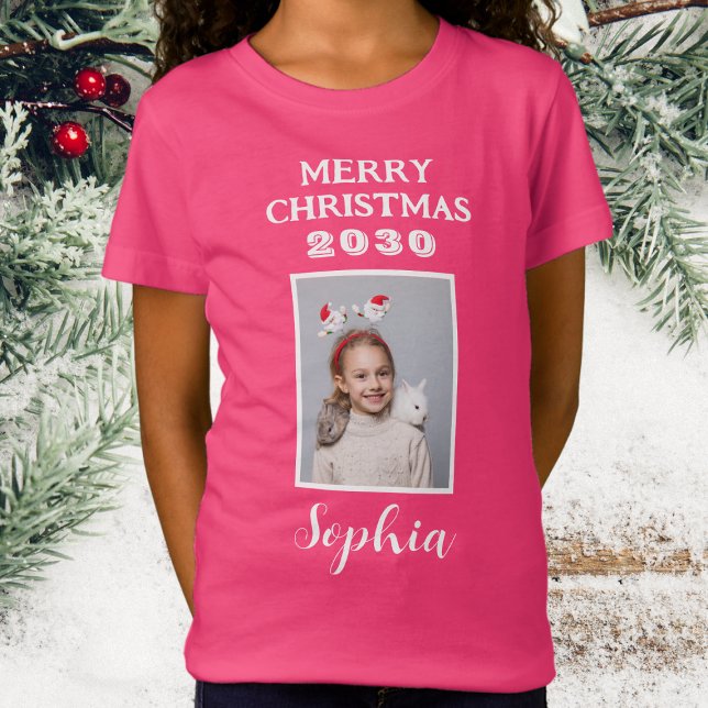 Camiseta Feliz Nombre De Navidad Y Chicas De Fotografías Ro (Christmas Photo - Girls Dark Pink T.Shirt)
