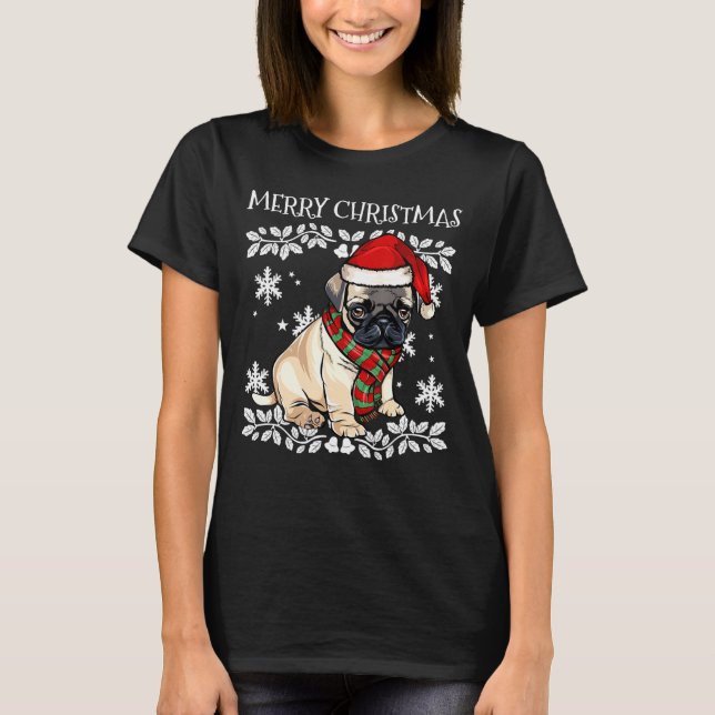 Camiseta Feliz Ornamento de Navidad Pug Xmas Santa (Anverso)