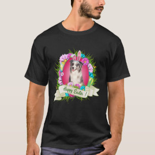 Camiseta Feliz Pascua Azul Merle Collie Usando Conejito Oíd