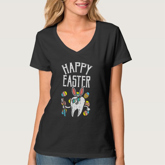 Camiseta Feliz Pascua Bunny Oars Tooth Glasses Eggys Dental (Anverso)