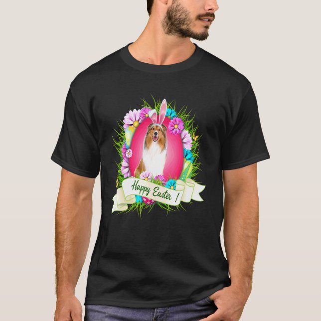 Camiseta Feliz Pascua Collie con huevos de pera conejita C (Anverso)