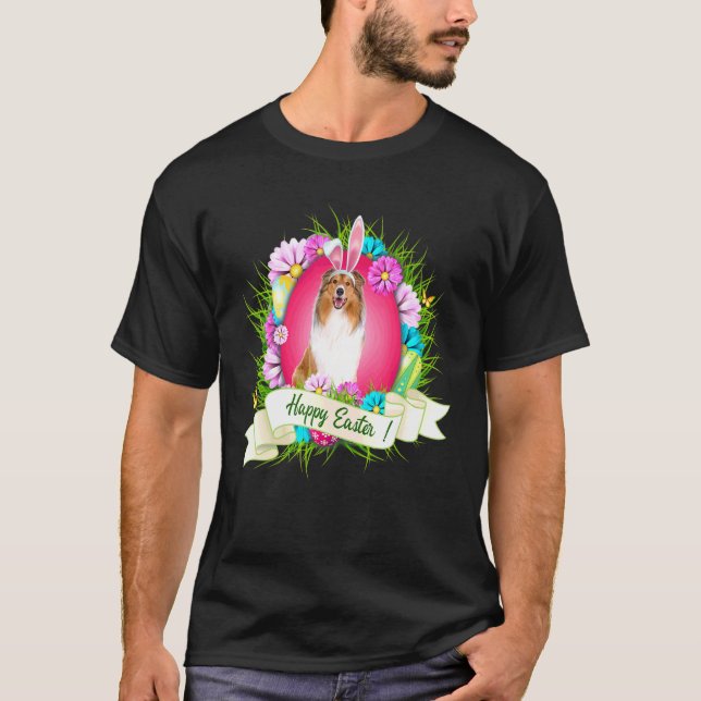 Camiseta Feliz Pascua Collie con huevos de pera conejita C (Anverso)