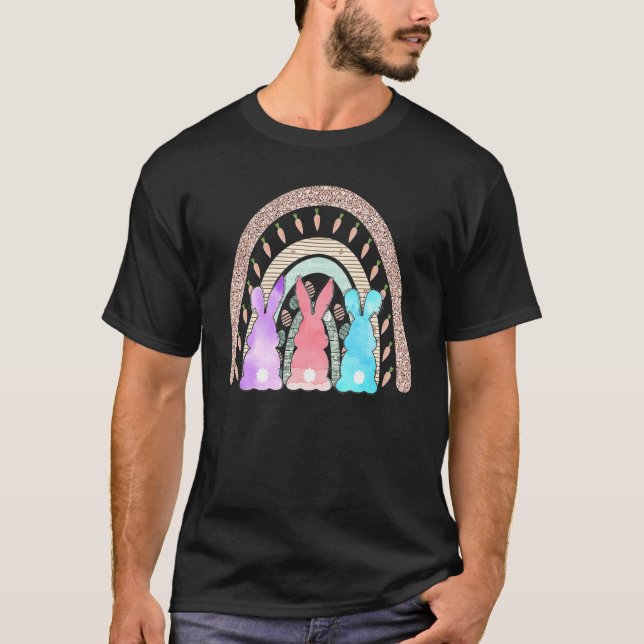 Camiseta Feliz Pascua con el arcoiris lindo conejo trivial  (Anverso)