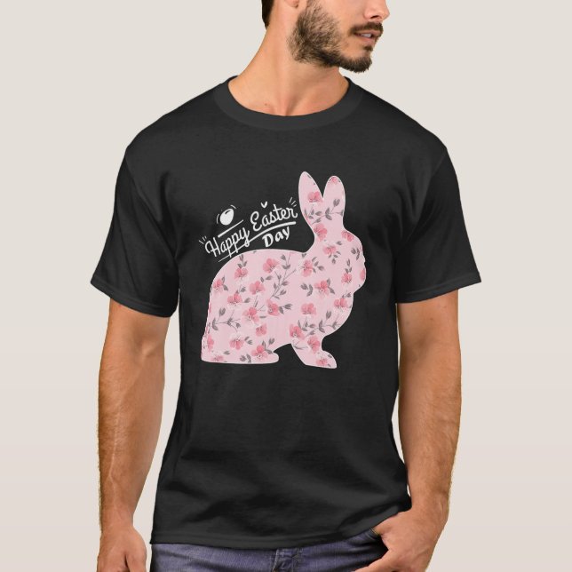 Camiseta Feliz Pascua, conejo divertido, conejo, flor rosa  (Anverso)