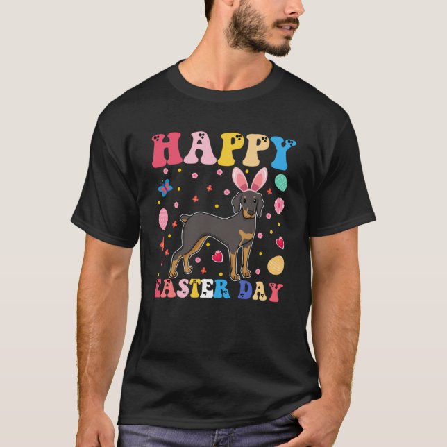 Camiseta Feliz Pascua Conejo Doberman Día de Pascua Groovy (Anverso)