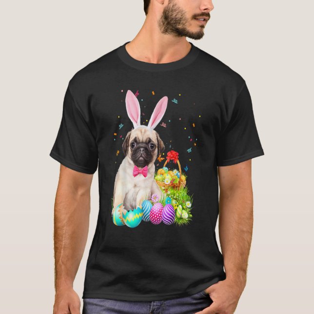 Camiseta Feliz Pascua, lindo conejito de pug de perro (Anverso)