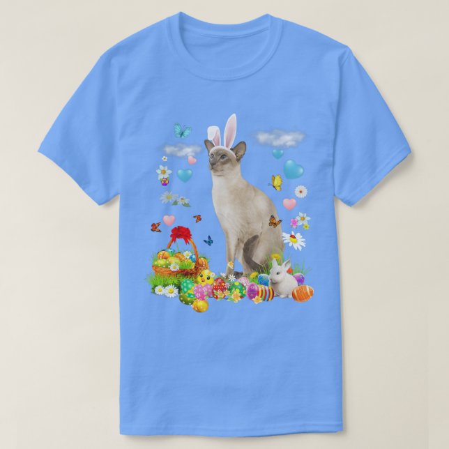 Camiseta Feliz Pascua, lindo conejito gato, cesta de huevos (Diseño del anverso)
