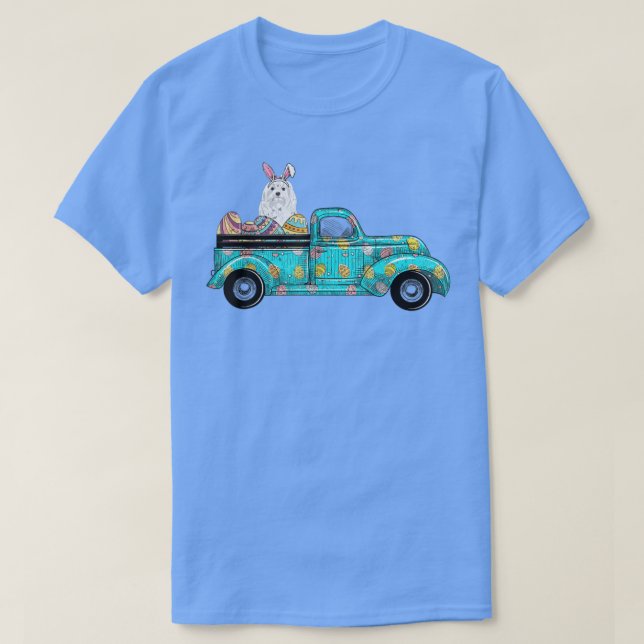 Camiseta Feliz Pascua, lindo conejo de perro maltés huevo v (Diseño del anverso)