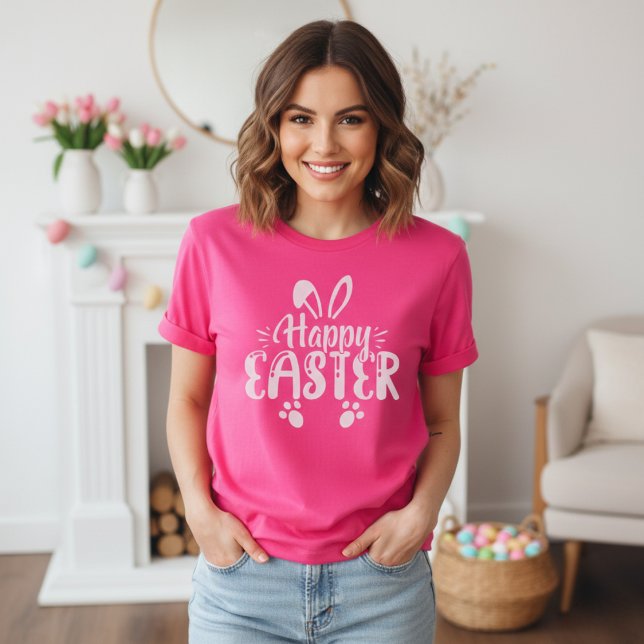 Camiseta Feliz Pascua Rosa Y Conejo Blanco (Happy Easter Pink And White Bunny T-Shirt)