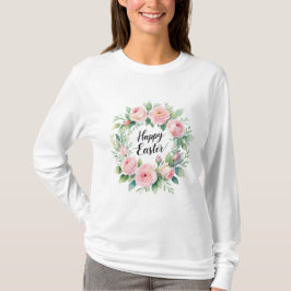 Camiseta Feliz Pascua - Saludo de Wreath floral acuarela
