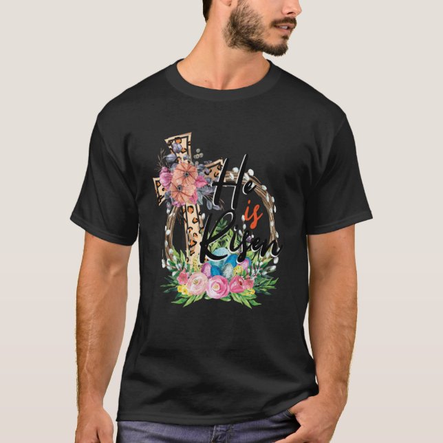 Camiseta Feliz Pascua se levanta flor floral cruzada leopa (Anverso)