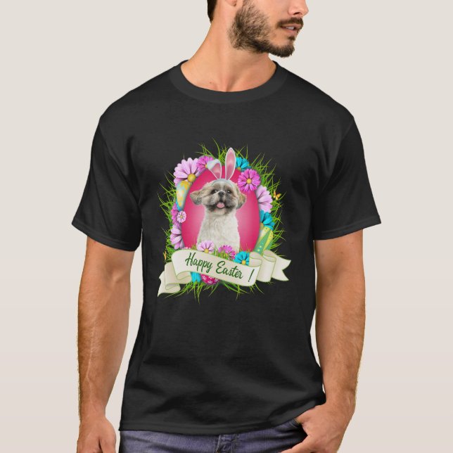 Camiseta Feliz Pascua Shih Tzu usando Guay de huevos de ore (Anverso)
