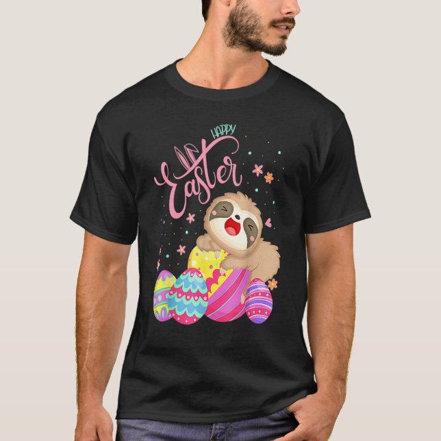 Camiseta Feliz Pascua Sloth con el Día de la Caza de Huevos (Anverso)