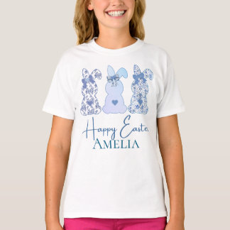 Camiseta Feliz Pascua Tres Conejo Floral Azul Personalizado