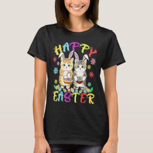 Camiseta Feliz Pascua Tres Gatos Con Gato De Conejo De Arej