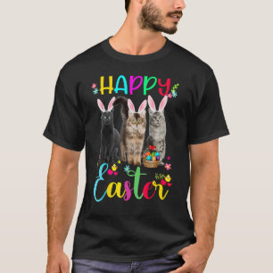 Camiseta Feliz Pascua Tres Gatos Con Orejas De Conejo Canas