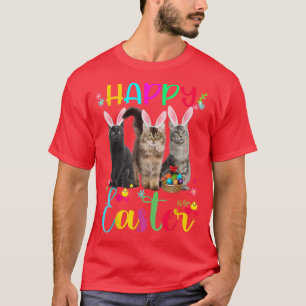 Camiseta Feliz Pascua Tres Gatos Usando Cesta de Orejas Con
