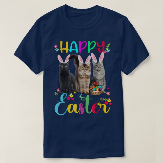 Camiseta Feliz Pascua Tres Gatos Usando Cesta de Orejas Con (Diseño del anverso)