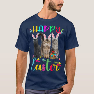 Camiseta Feliz Pascua Tres Gatos Usando Cesta de Orejas Con