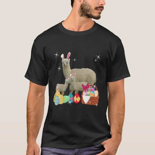 Camiseta Feliz Pascua Tres Llama Usando Conejito Llama De O (Anverso)