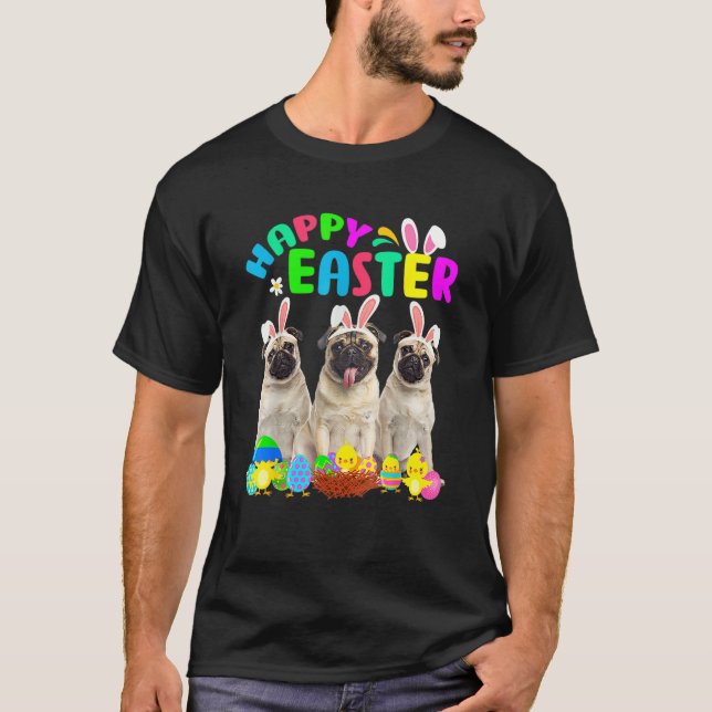 Camiseta Feliz Pascua Tres Pug Con Pug De Areja De Conejo (Anverso)
