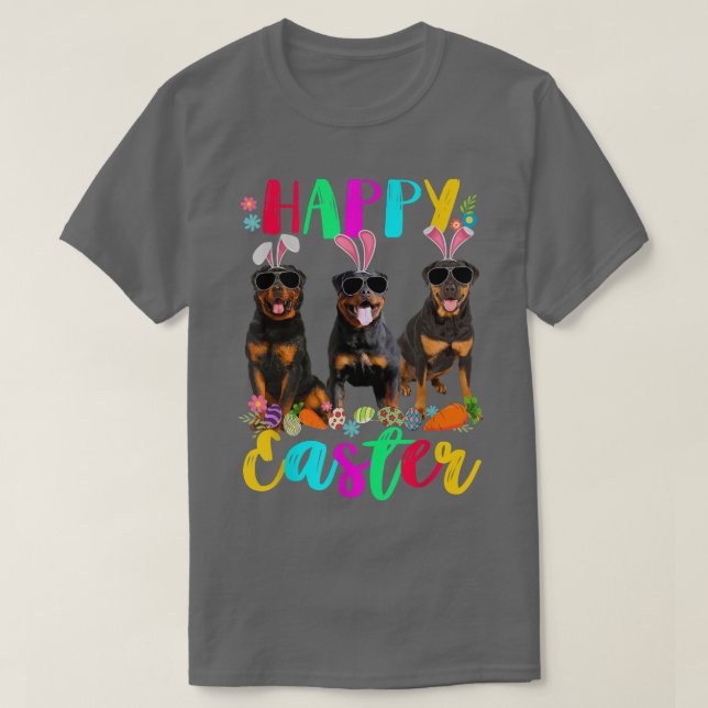 Camiseta Feliz Pascua Tres Rottweiler Con Orejas Conejitas  (Diseño del anverso)