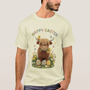 Camiseta Feliz Pascua Vaca Altas Tierras con Huevos y Flore