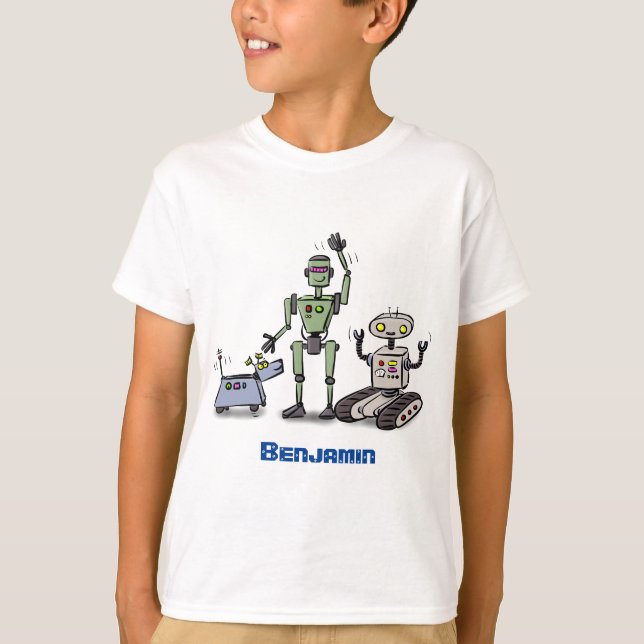Camiseta Feliz personalizado de trío de robots lindos (Anverso)