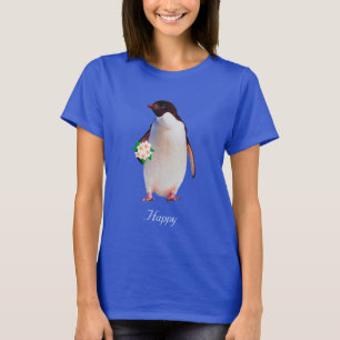 Camiseta Feliz pingüino sosteniendo las flores en la camise